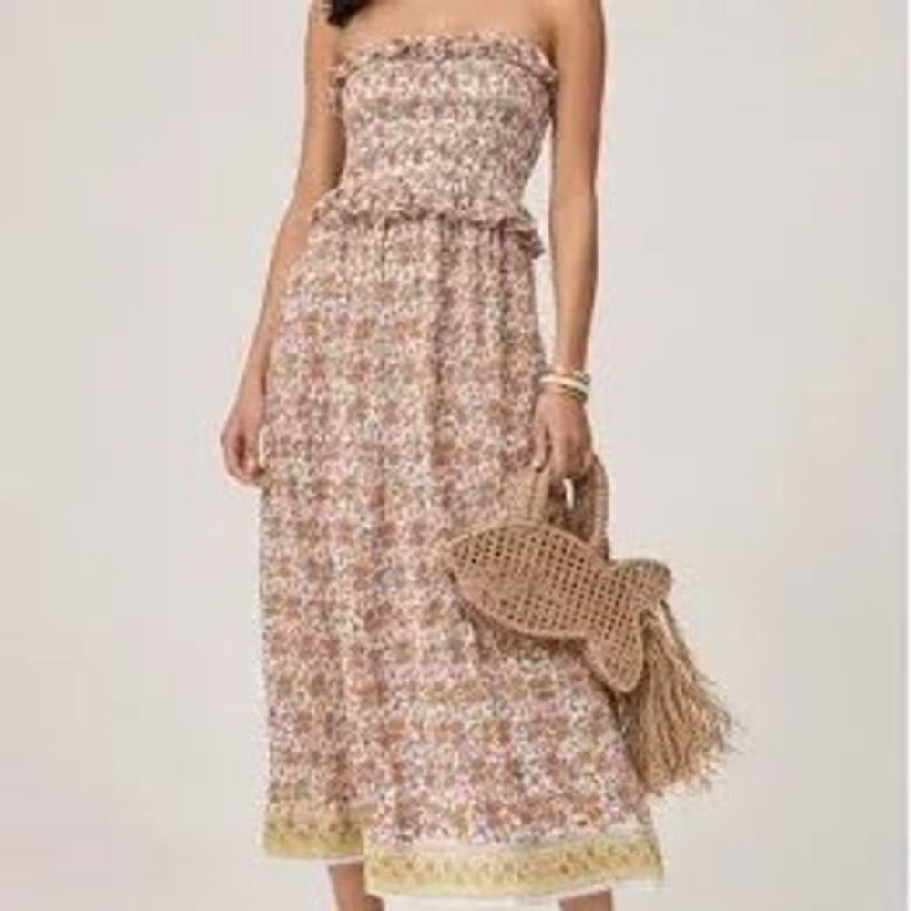 J.Crew Strapless Smocked Floral Midi Dress Orange Pink Ramie Small